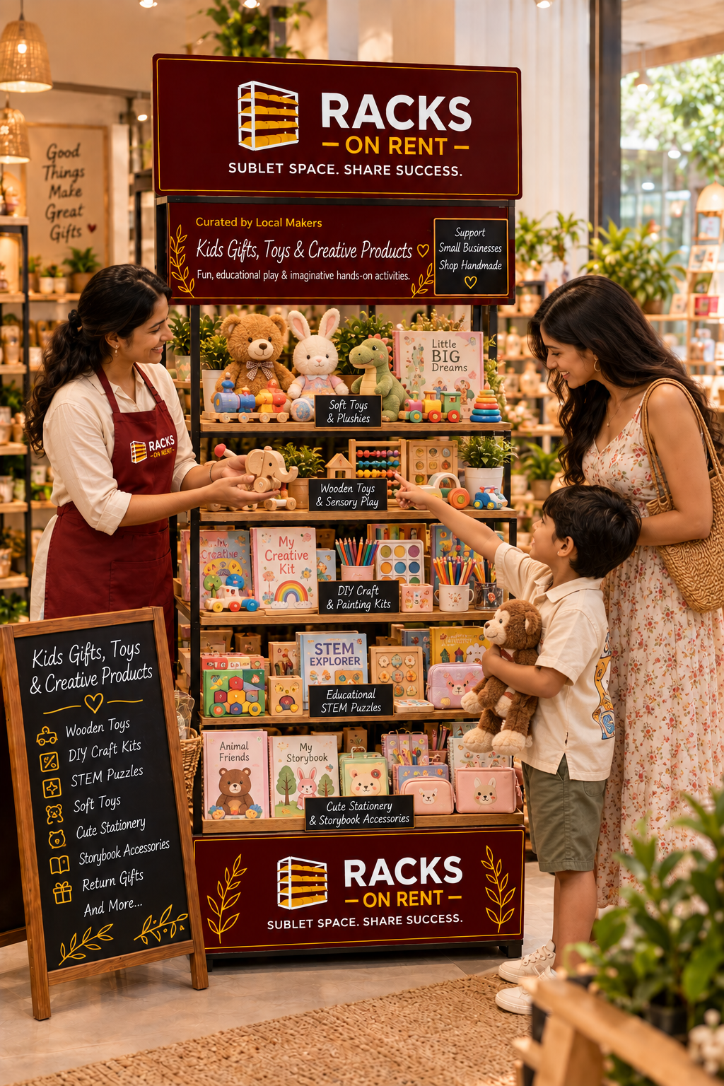 Kids gifts, toys and creative craft products displayed in gift shop